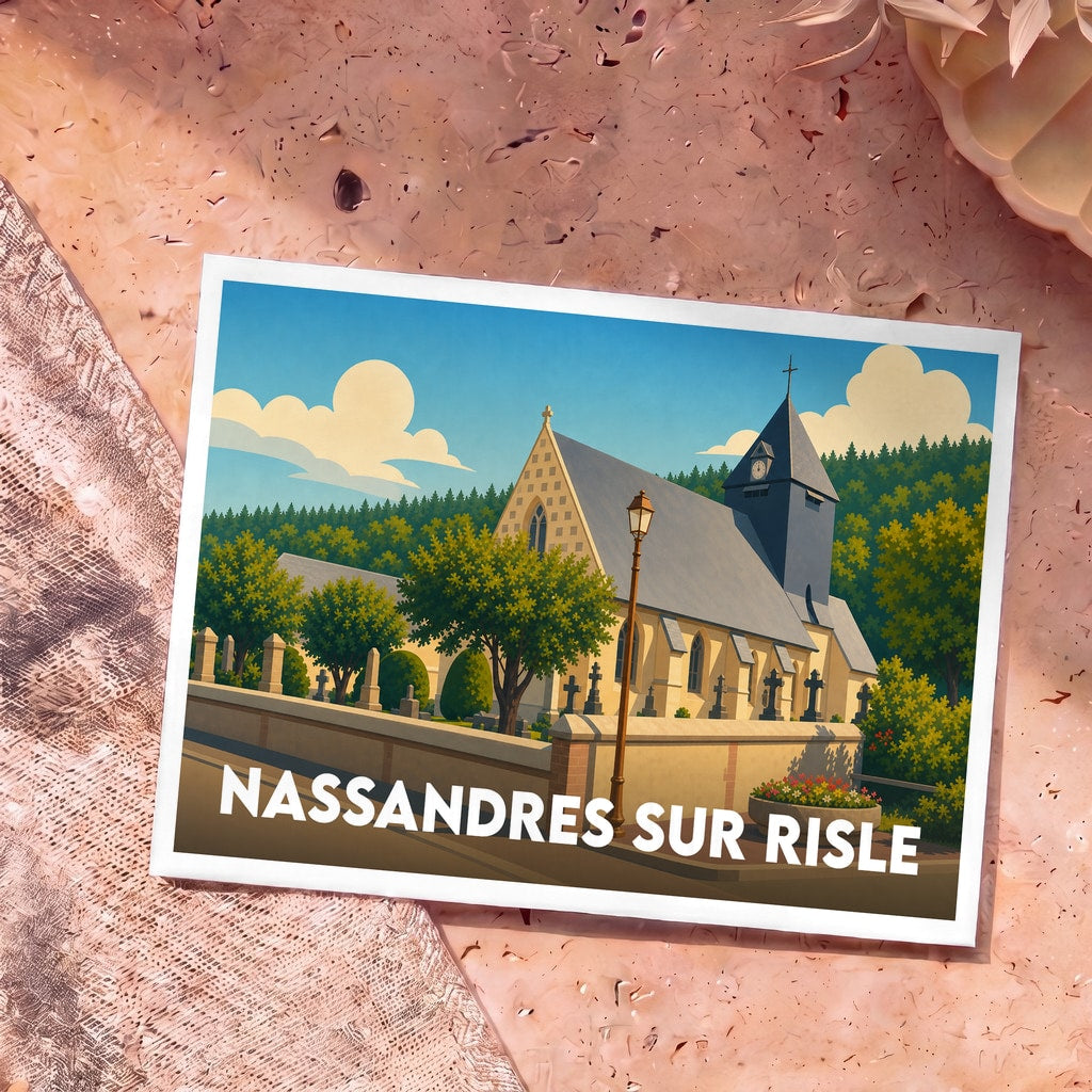 Carte postale souvenir de la ville de Nassandres sur Risle illustrant une église et son cimetière dans un style graphique épuré.