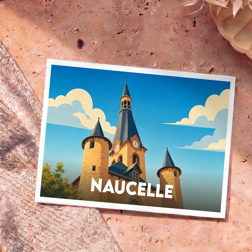 Carte postale souvenir de la ville de Naucelle avec une illustration stylisée de son clocher.