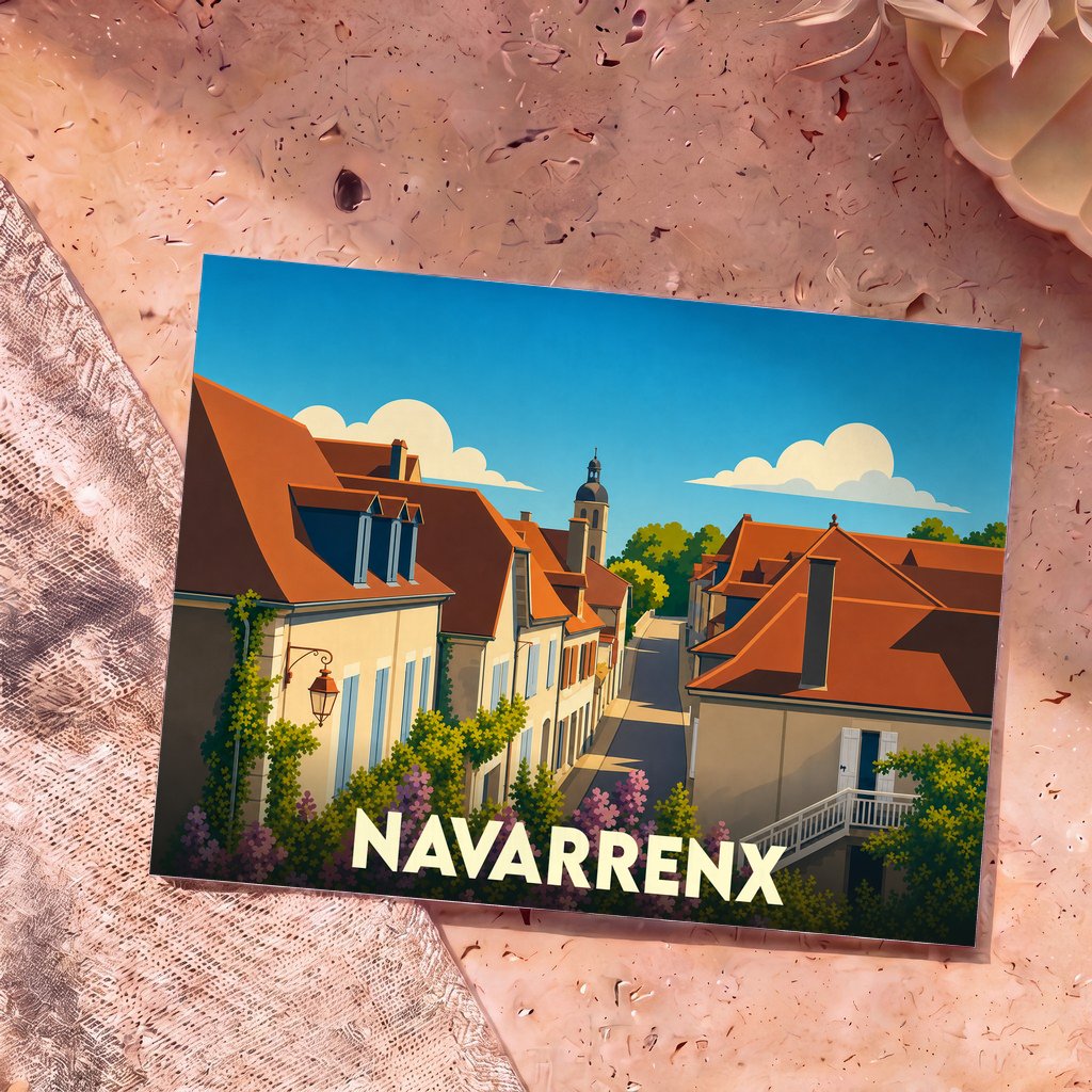Carte postale souvenir de la ville de Navarrenx avec une illustration stylisée de ses rues et toitures colorées.