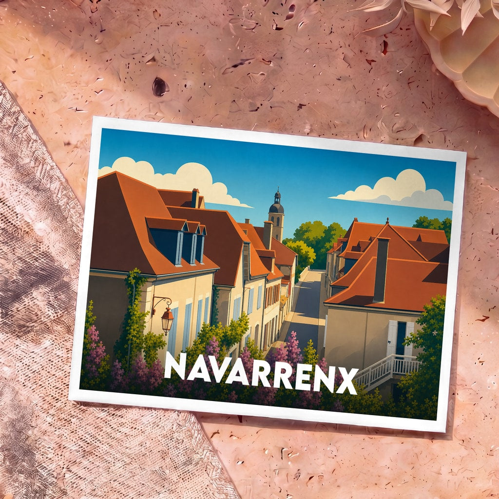 Carte postale souvenir de la ville de Navarrenx avec une illustration stylisée de ses rues et toitures colorées.