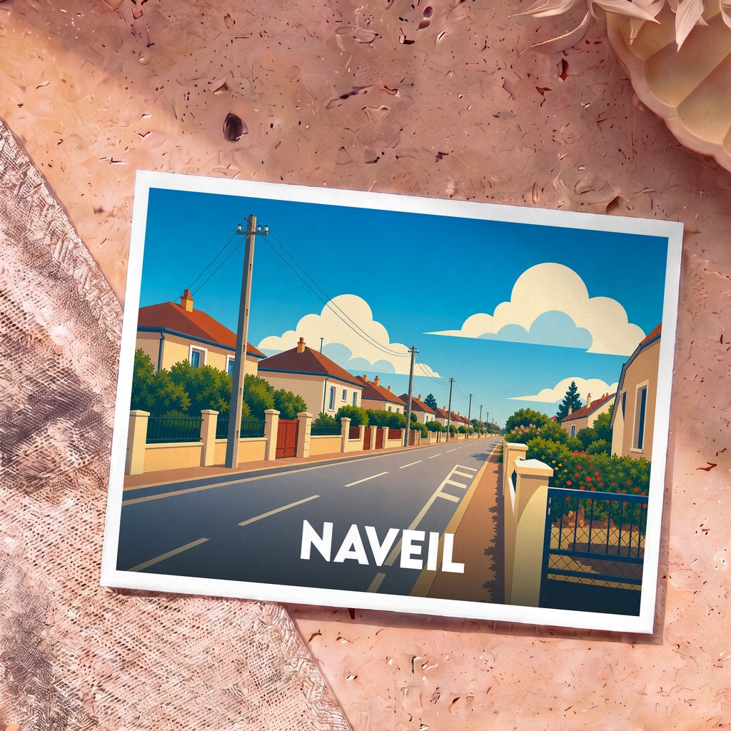 Carte postale souvenir de la ville de Naveil avec une illustration stylisée d'une rue résidentielle sous un ciel bleu.