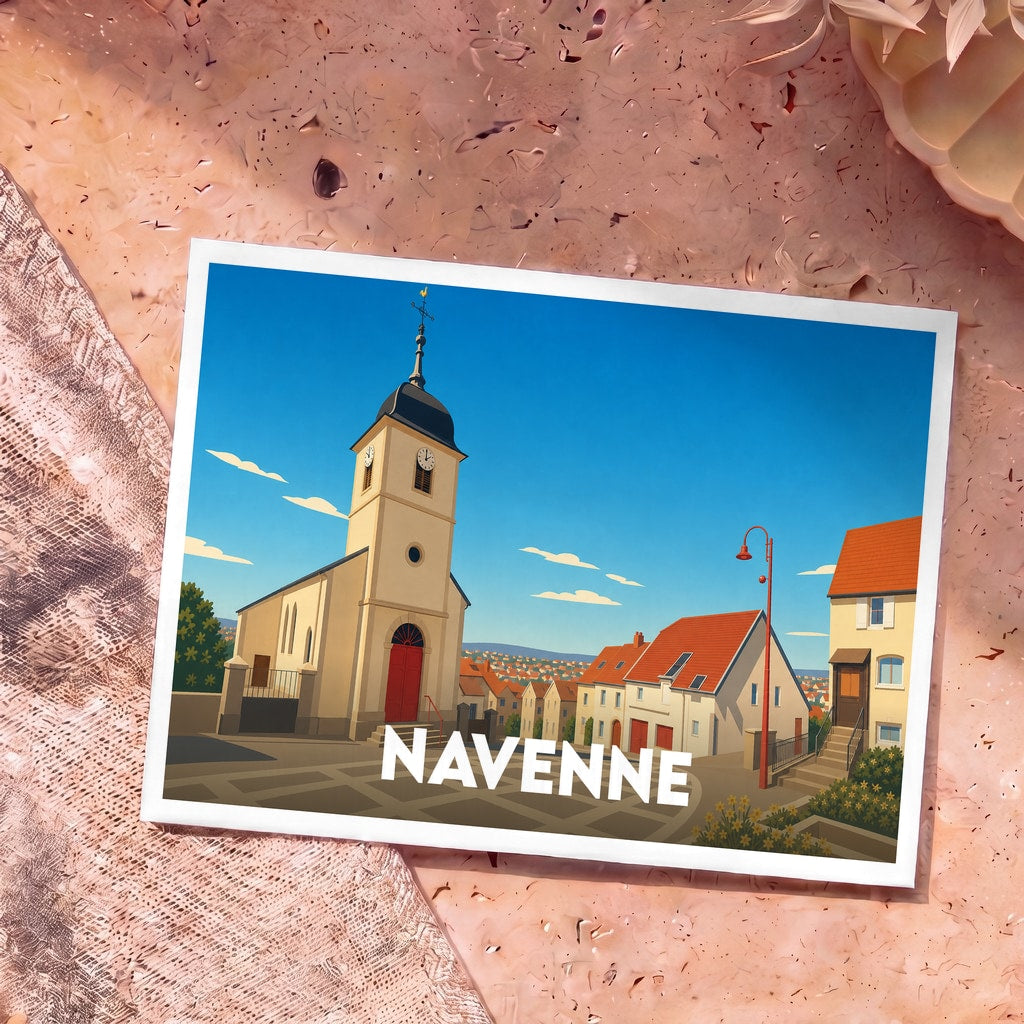 Carte postale souvenir de la ville de Navenne avec une illustration stylisée de son église et de ses maisons.
