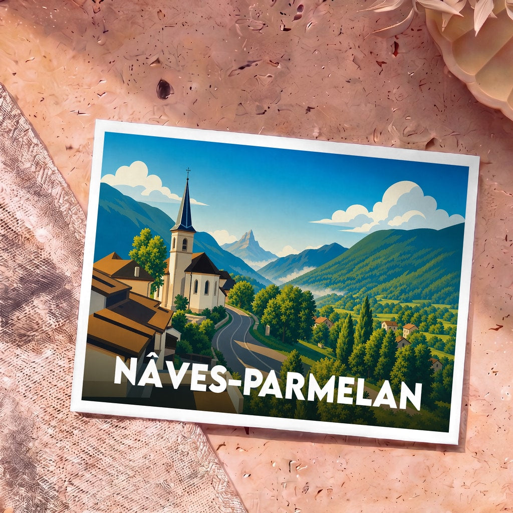Carte postale souvenir de la commune de Nâves-Parmelan avec une illustration stylisée de son église face aux montagnes.