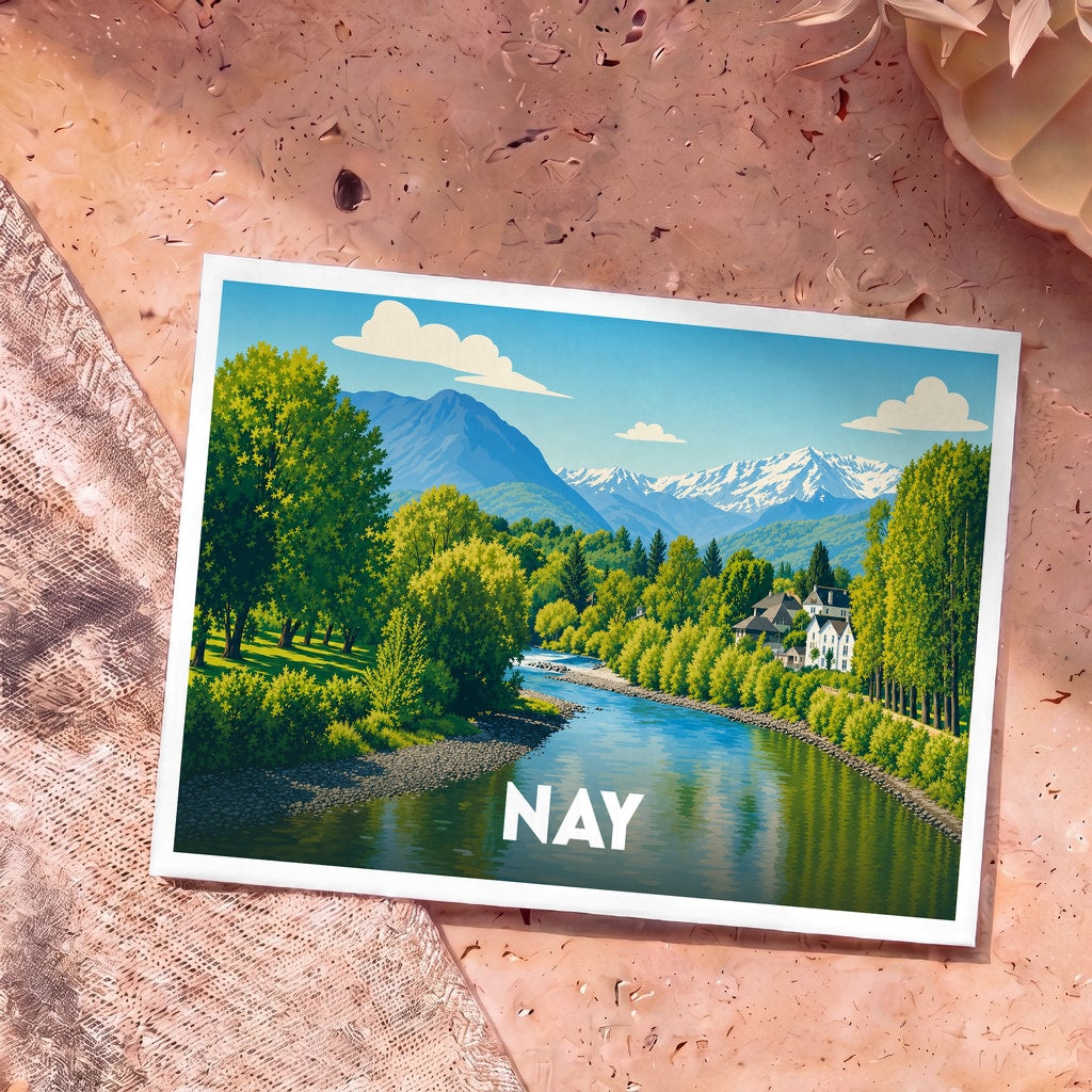 Carte postale souvenir de la ville de Nay avec une illustration stylisée d'une rivière bordée d'arbres face aux montagnes.