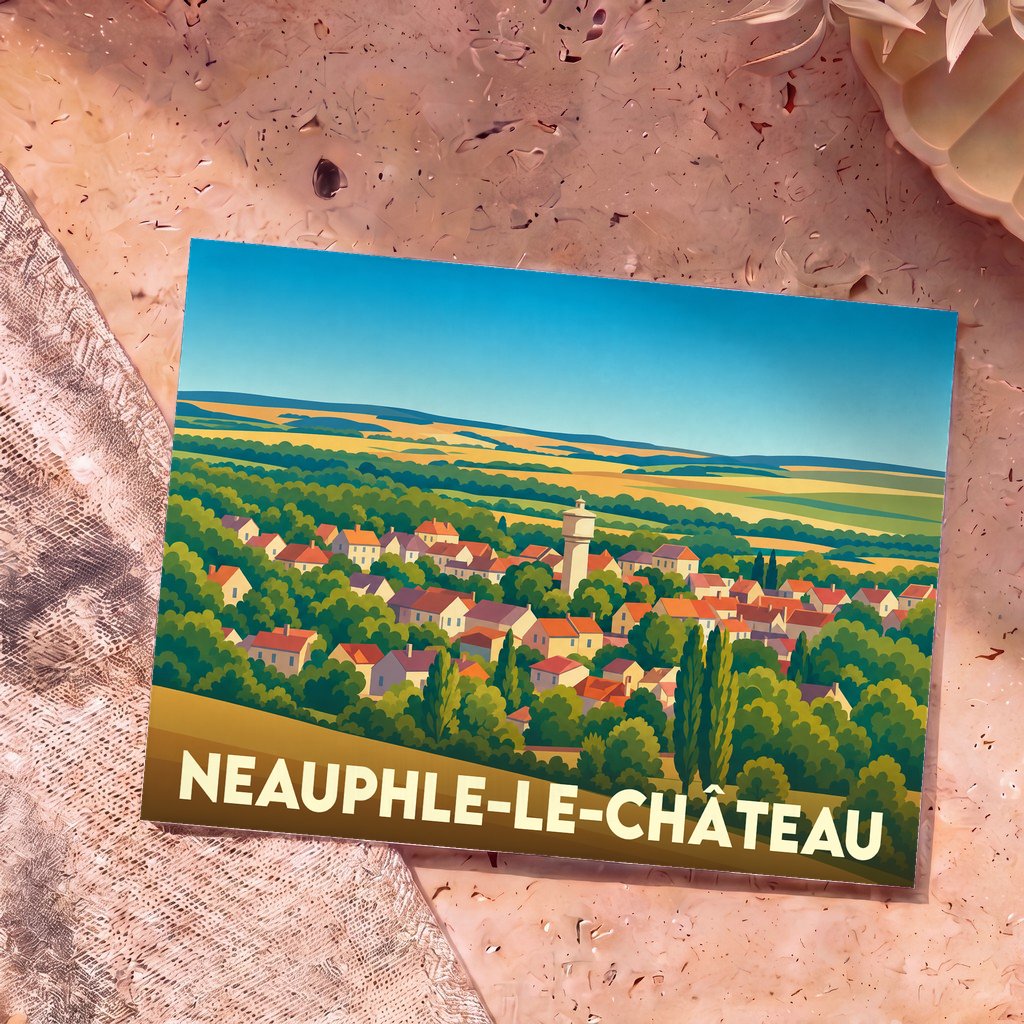 Carte postale souvenir de la ville de Neauphle-le-Château avec une illustration stylisée et colorée de son panorama.