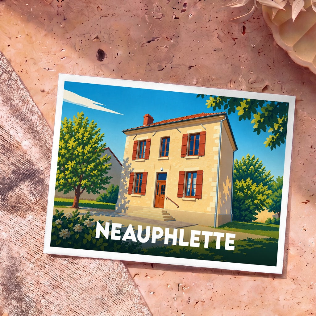 Carte postale souvenir de la ville de Neauphlette avec une illustration stylisée d'une maison traditionnelle sous un ciel bleu.