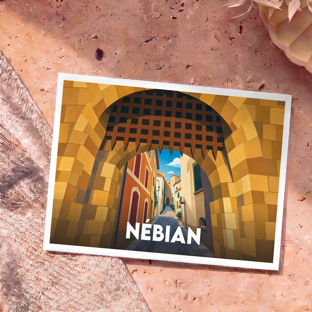 Carte postale souvenir de la ville de Nébian illustrant une ruelle médiévale à travers une porte fortifiée.