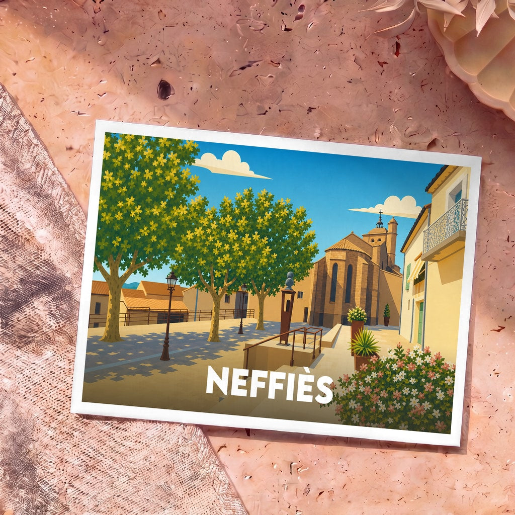 Carte postale souvenir de la ville de Neffiès avec une illustration stylisée de sa place arborée et de son église.