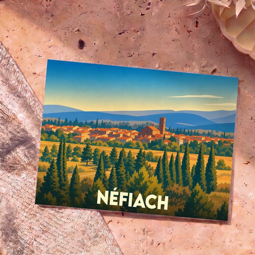 Carte postale souvenir de la ville de Néfiach avec une illustration stylisée d'un paysage méditerranéen.