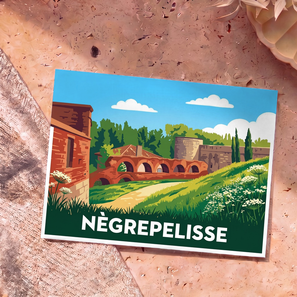 Carte postale souvenir de la ville de Nègrepelisse avec une illustration stylisée de son patrimoine architectural.