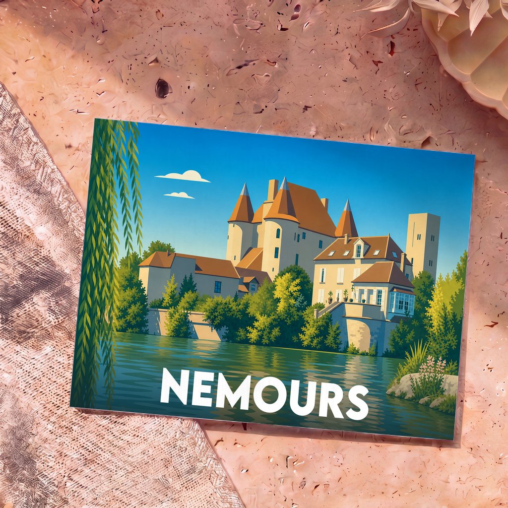 Carte postale souvenir de la ville de Nemours avec une illustration stylisée de son château en bord de rivière.