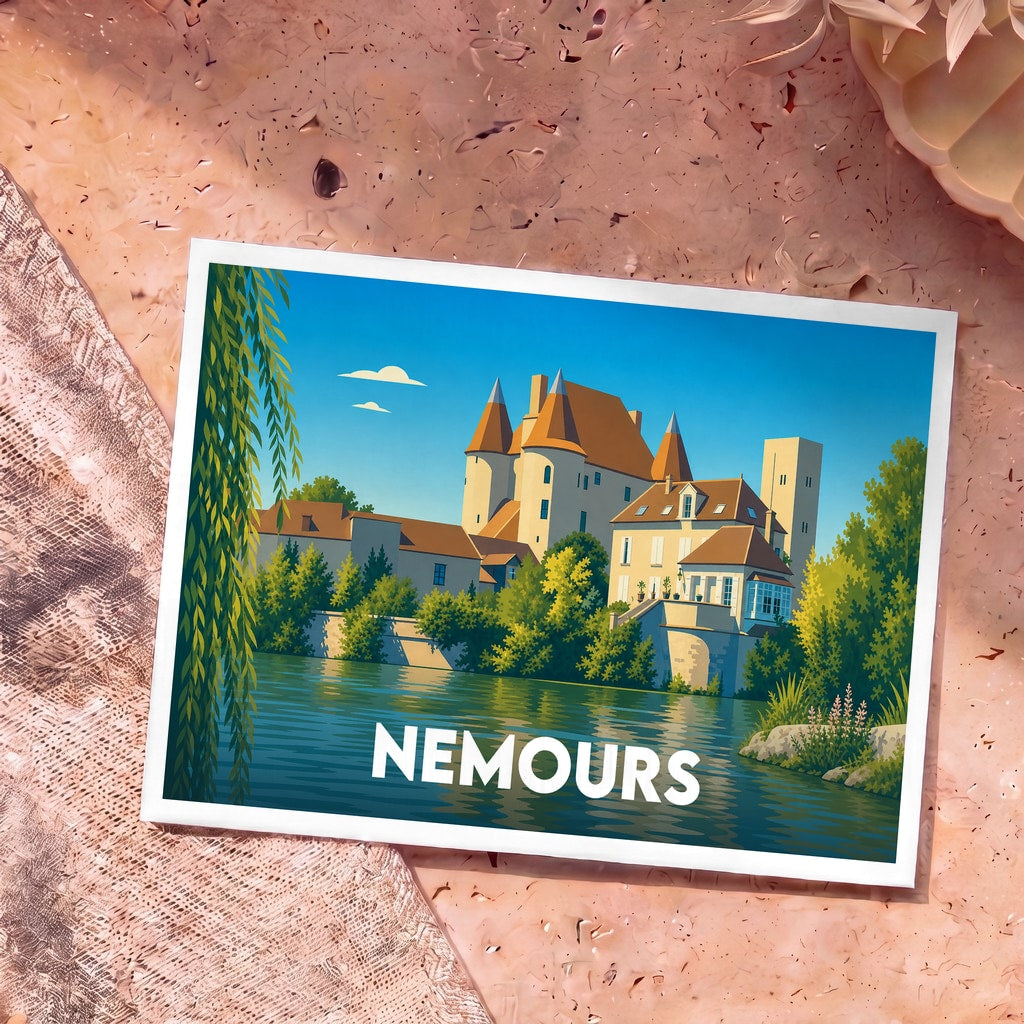 Carte postale souvenir de la ville de Nemours avec une illustration stylisée de son château en bord de rivière.