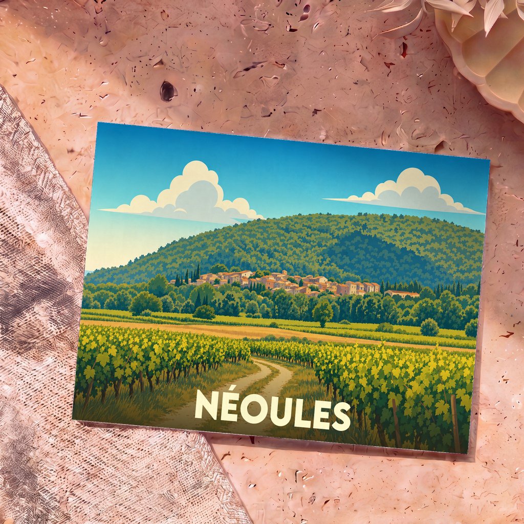Carte postale souvenir de la ville de Néoules avec une illustration stylisée de son paysage vallonné et ses vignes.