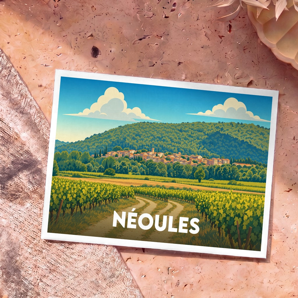 Carte postale souvenir de la ville de Néoules avec une illustration stylisée de son paysage vallonné et ses vignes.