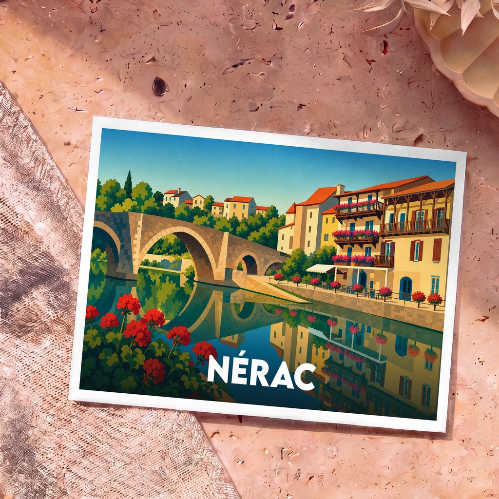 Carte postale souvenir de la ville de Nérac avec une illustration stylisée de son pont médiéval et des maisons colorées au bord de l'eau.