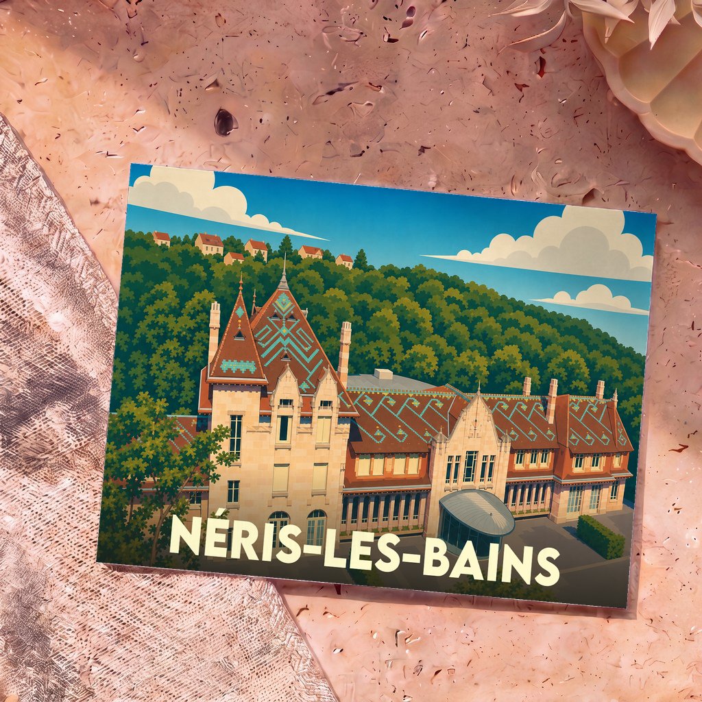 Carte postale souvenir de la ville de Néris-les-Bains présentant une illustration stylisée de son architecture thermale.