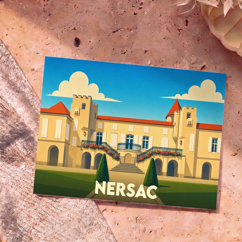Carte postale souvenir de la ville de Nersac avec une illustration stylisée de son château.