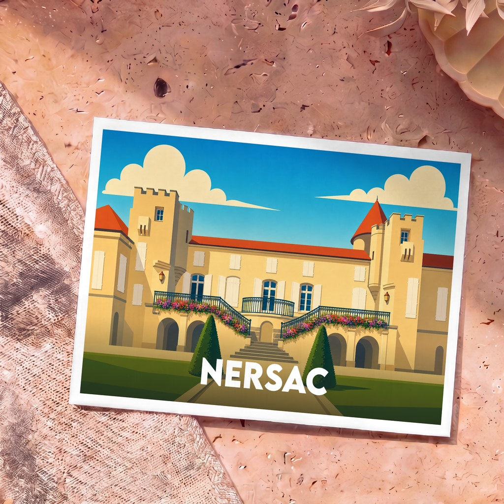 Carte postale souvenir de la ville de Nersac avec une illustration stylisée de son château.