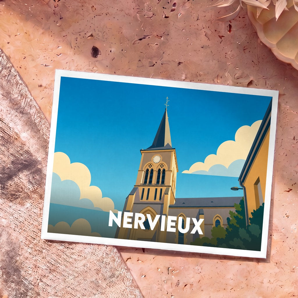 Carte postale souvenir de la ville de Nervieux arborant une illustration stylisée de son église sous un ciel bleu.
