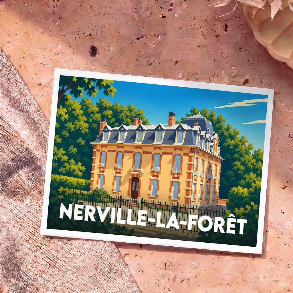 Carte postale souvenir de la ville de Nerville-la-Forêt illustrant une grande demeure bourgeoise entourée de verdure.