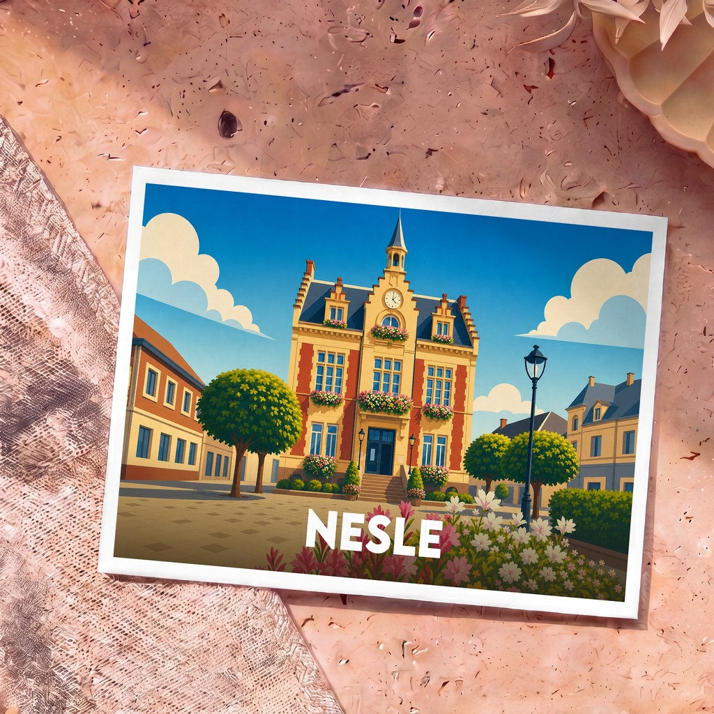 Carte postale souvenir de la ville de Nesle avec une illustration stylisée de son hôtel de ville fleuri.