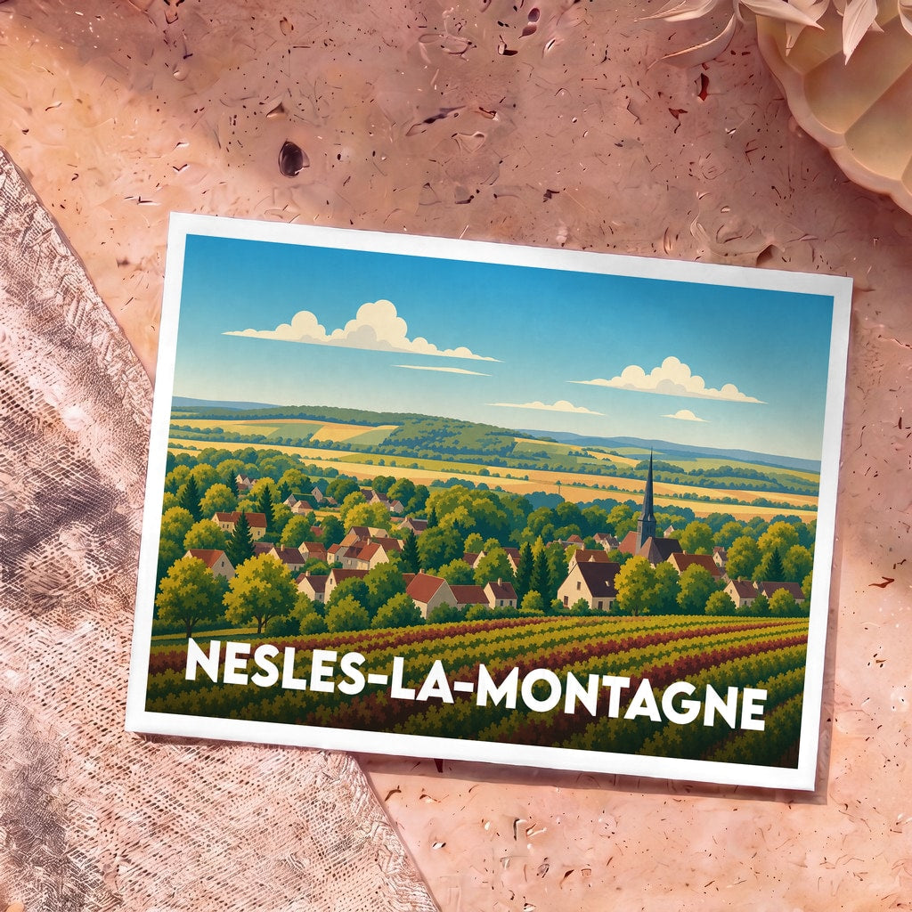 Carte postale souvenir de la ville de Nesles-la-Montagne illustrant un paysage de campagne vallonné et coloré.