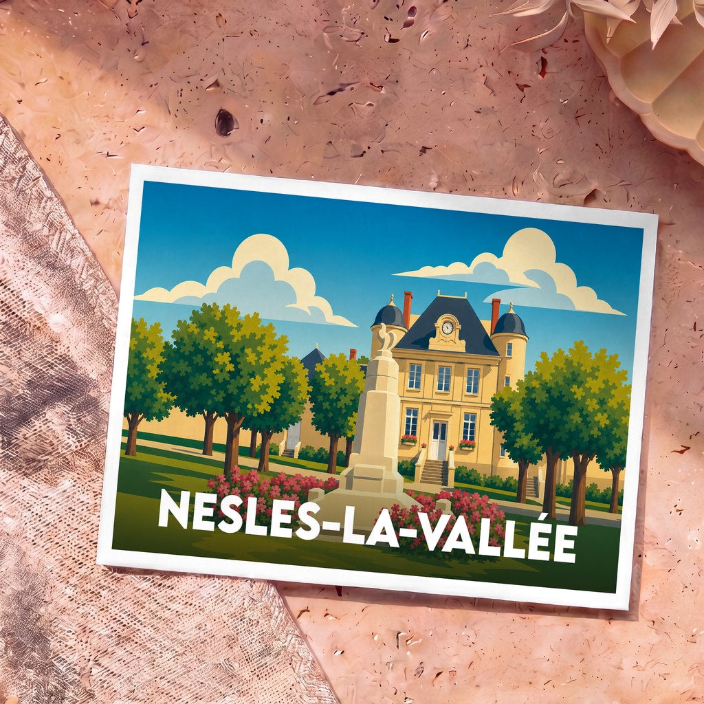 Carte postale souvenir de la ville de Nesles-la-Vallée avec une illustration stylisée de son patrimoine.
