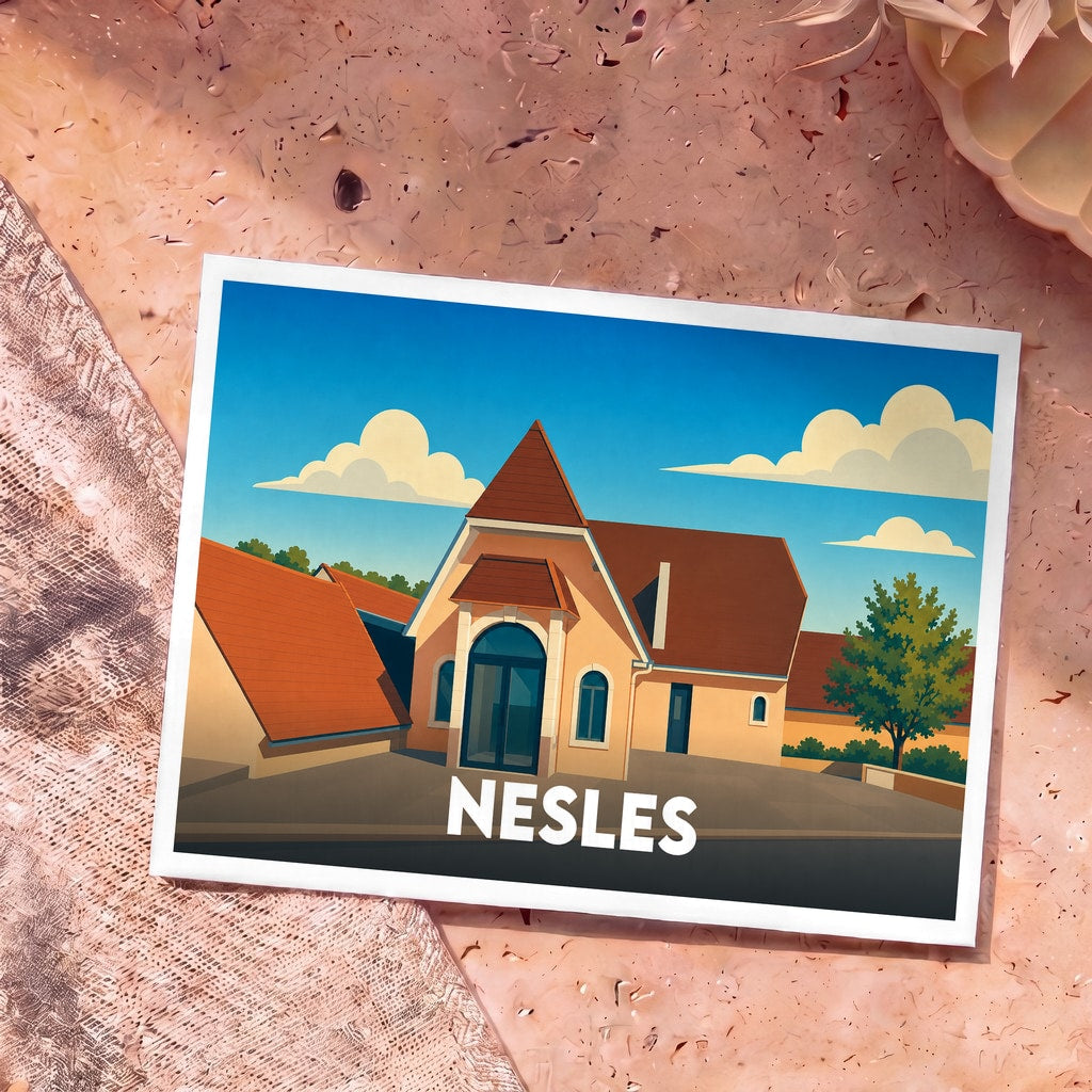 Carte postale souvenir de la ville de Nesles avec une illustration stylisée de son architecture.