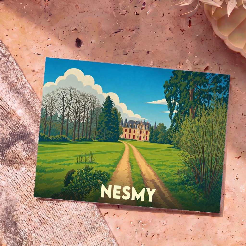 Carte postale souvenir de la ville de Nesmy représentant une illustration stylisée de son château et de son parc.