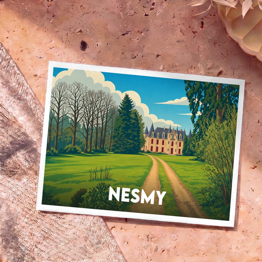 Carte postale souvenir de la ville de Nesmy représentant une illustration stylisée de son château et de son parc.