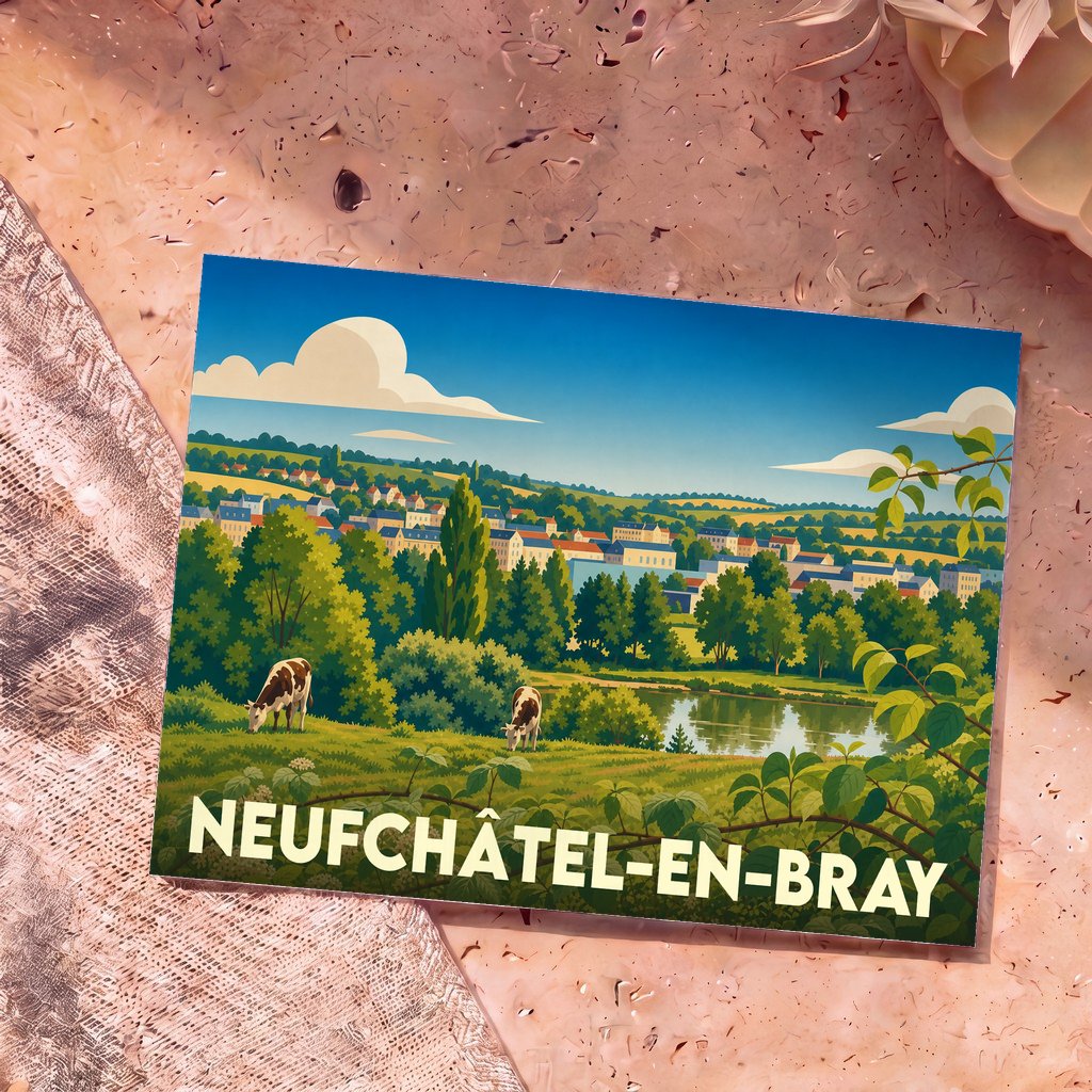 Carte postale souvenir de Neufchâtel-en-Bray illustrant un paysage bucolique avec des vaches et un village normand.