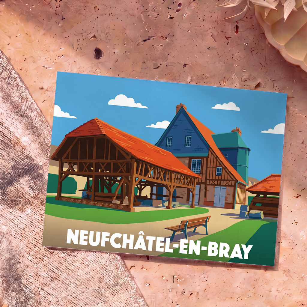 Carte postale souvenir de la ville de Neufchâtel-en-Bray avec une illustration stylisée d'un bâtiment traditionnel à colombages.