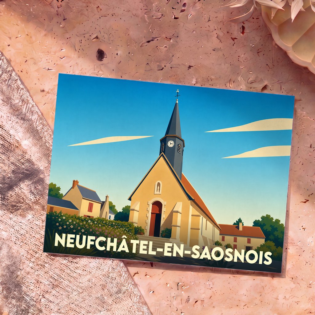 Carte postale souvenir de la ville de Neufchâtel-en-Saosnois avec une illustration stylisée de son église.