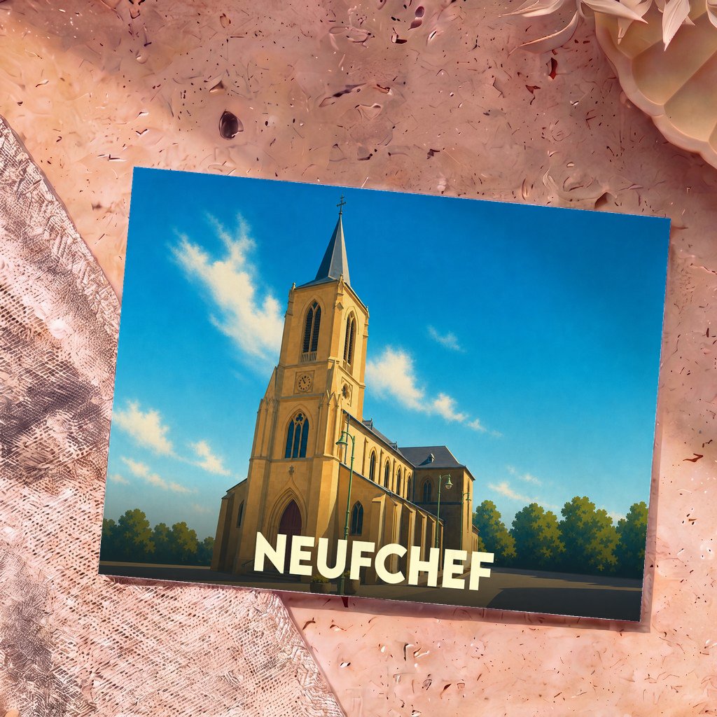 Carte postale souvenir de la ville de Neufchef illustrant son église dans un style graphique épuré.