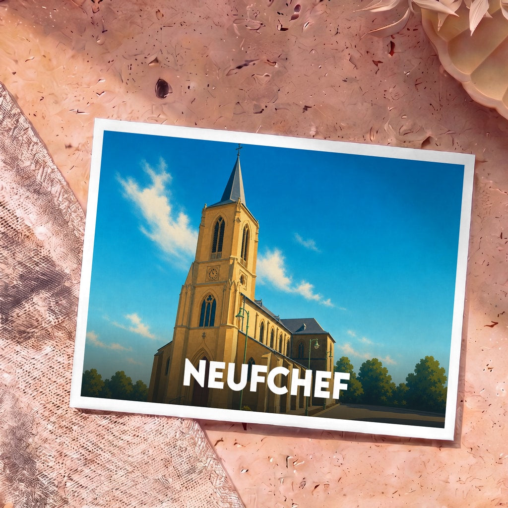 Carte postale souvenir de la ville de Neufchef illustrant son église dans un style graphique épuré.