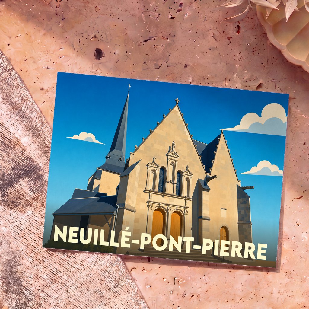 Carte postale souvenir de la ville de Neuillé-Pont-Pierre avec une illustration stylisée de son église sous un ciel bleu.