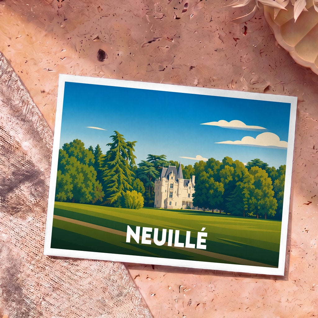 Carte postale souvenir de la ville de Neuillé avec une illustration stylisée d'un château entouré de verdure.