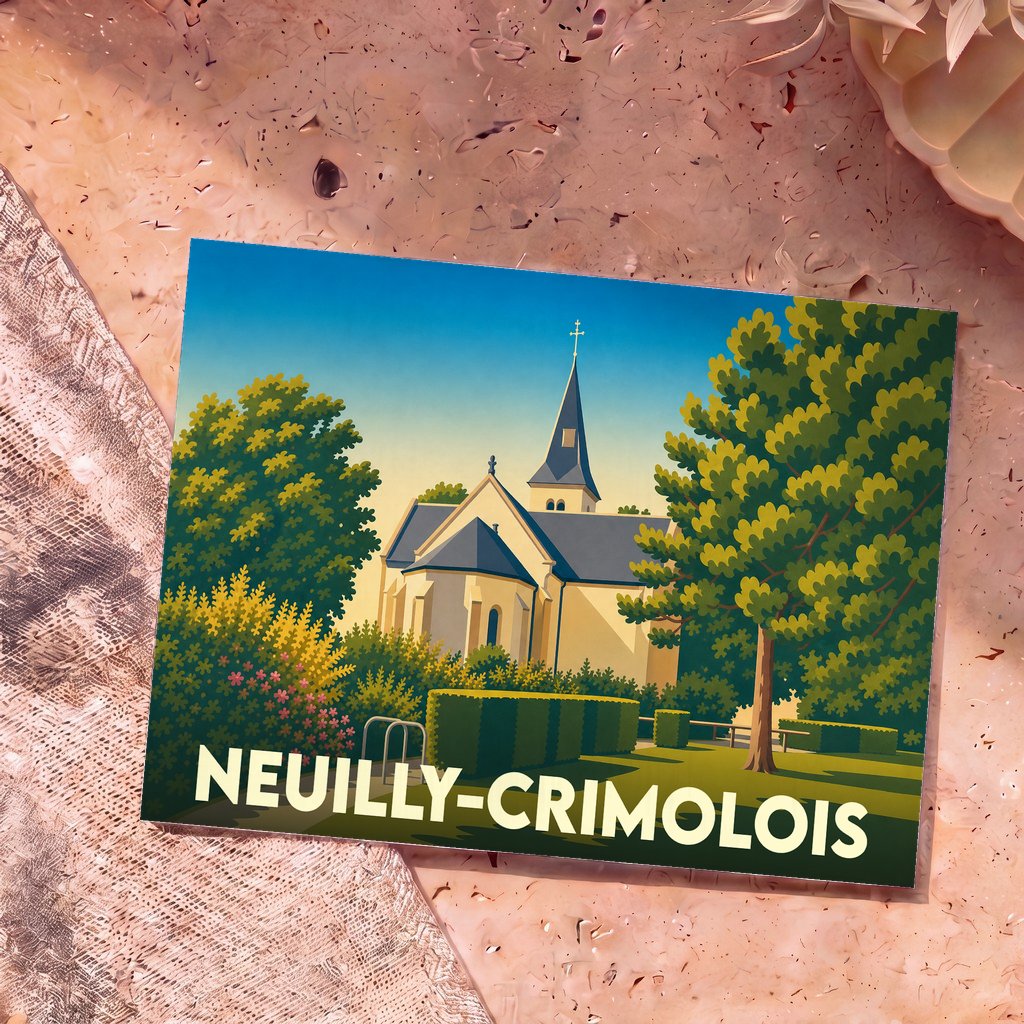 Carte postale souvenir de la ville de Neuilly-Crimolois avec une illustration stylisée de son église.