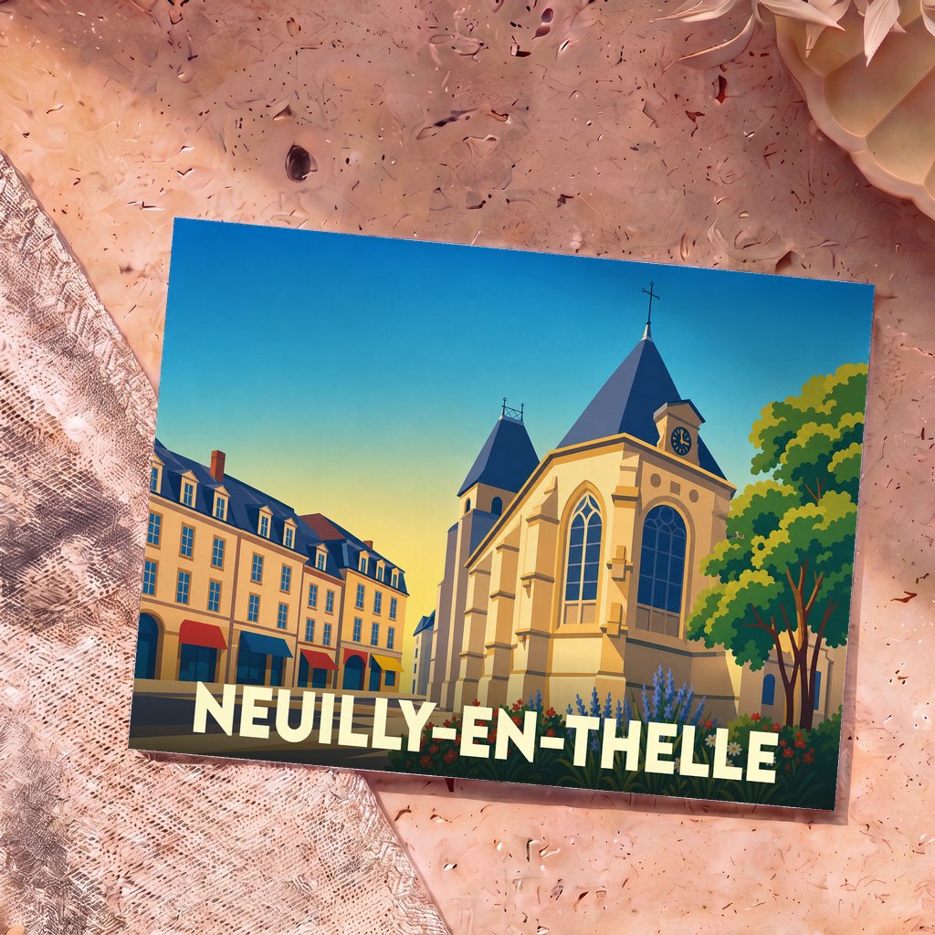 Carte postale souvenir de la ville de Neuilly-en-Thelle illustrant son église et ses bâtiments typiques dans un style graphique épuré.