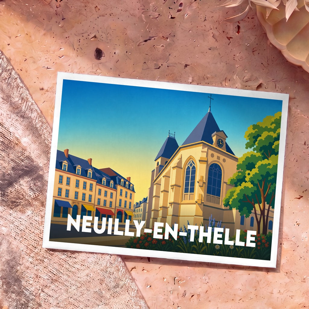 Carte postale souvenir de la ville de Neuilly-en-Thelle illustrant son église et ses bâtiments typiques dans un style graphique épuré.