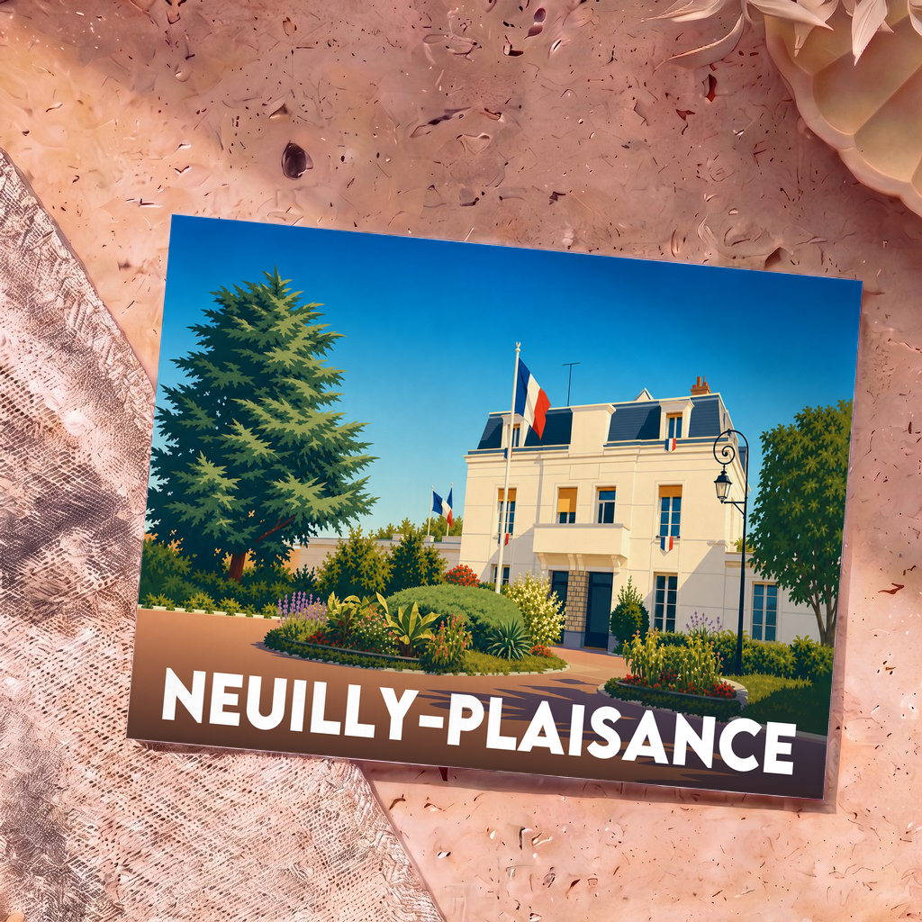 Carte postale souvenir de la ville de Neuilly-Plaisance avec une illustration stylisée de la mairie sous un ciel bleu.