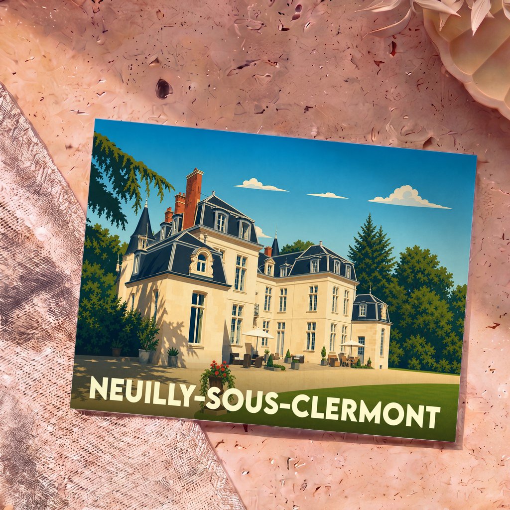 Carte postale souvenir de la ville de Neuilly-sous-Clermont avec une illustration stylisée d'un château.