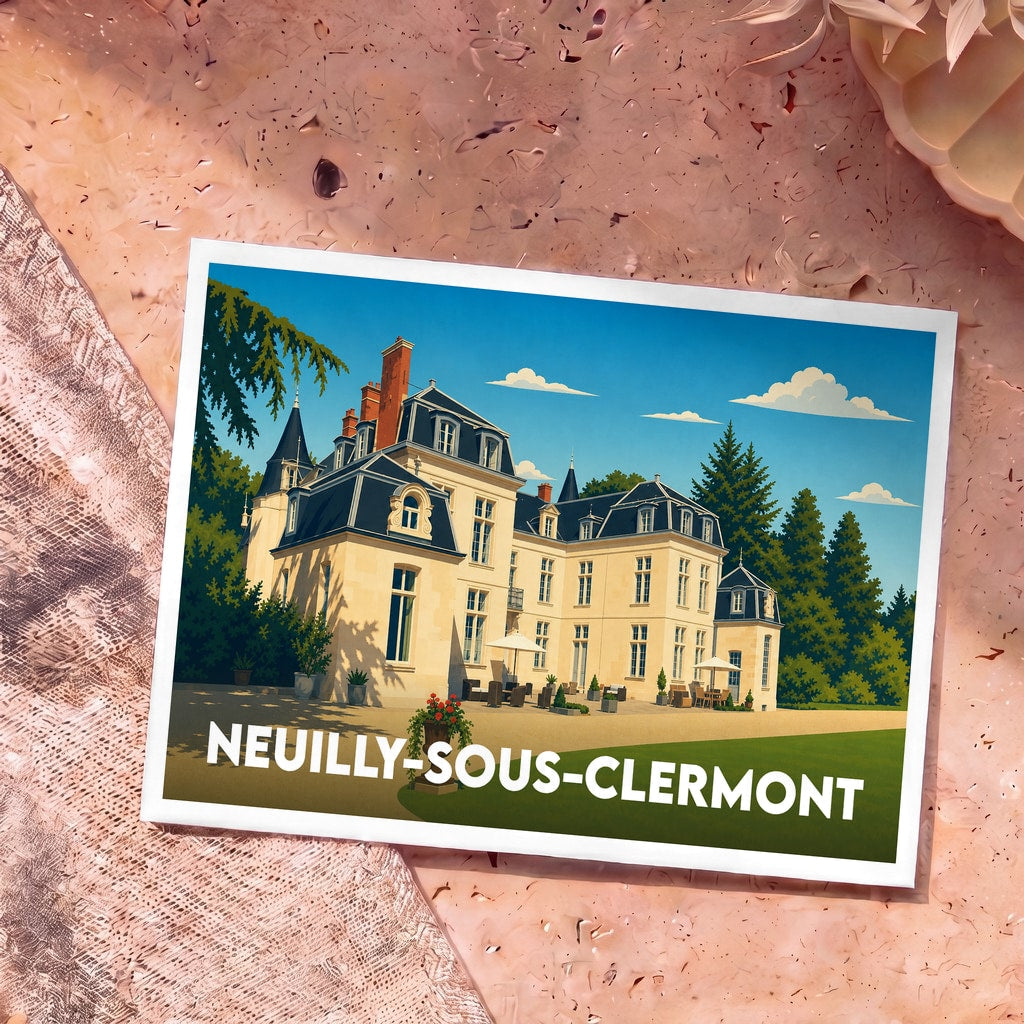 Carte postale souvenir de la ville de Neuilly-sous-Clermont avec une illustration stylisée d'un château.