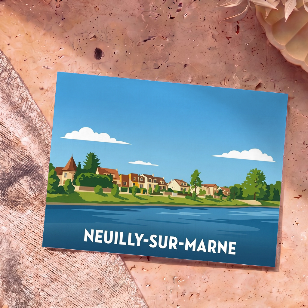 Carte postale souvenir de la ville de Neuilly-sur-Marne avec une illustration stylisée des bords de Marne.