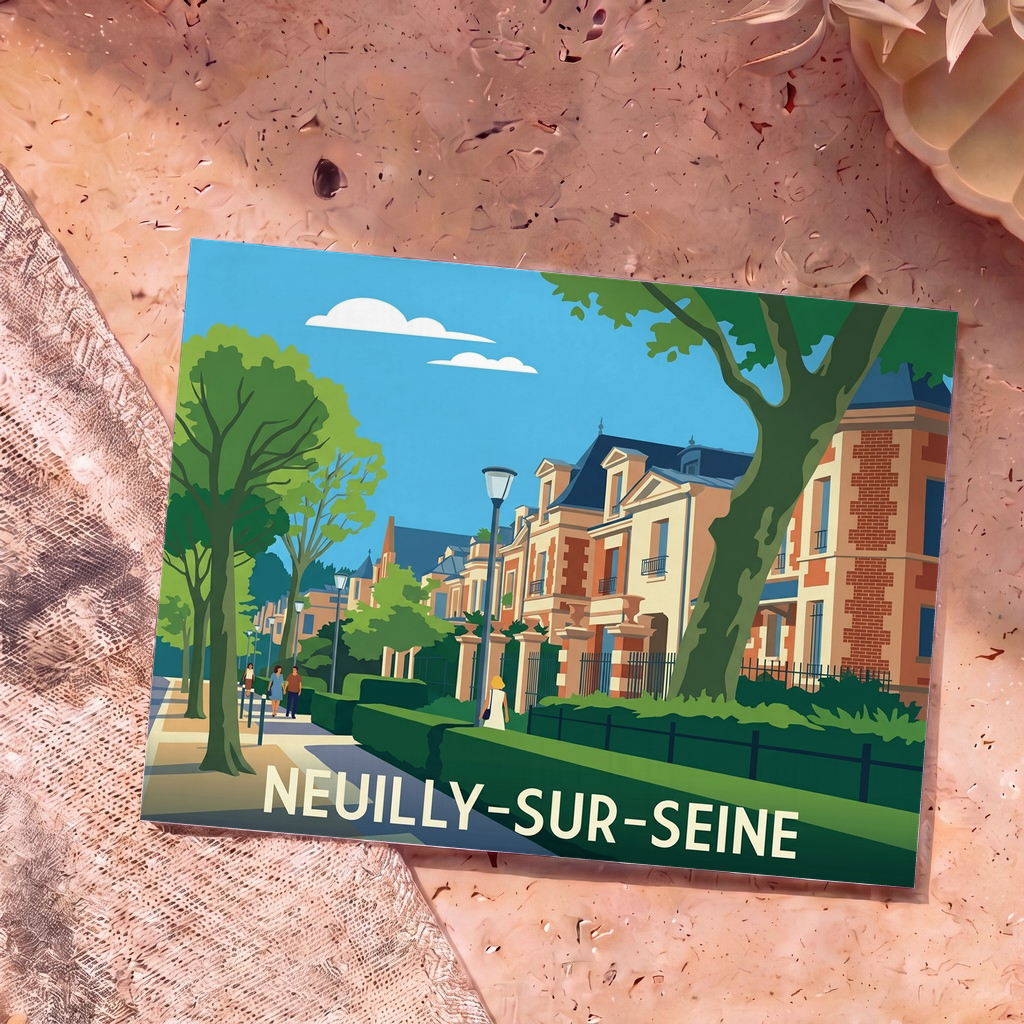 Carte postale souvenir de la ville de Neuilly-sur-Seine avec une illustration stylisée de ses rues résidentielles bordées d'arbres.