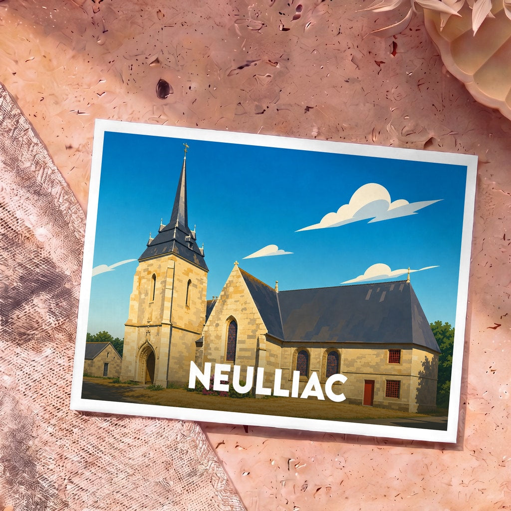 Carte postale souvenir de la ville de Neulliac illustrant son église dans un style graphique et épuré.