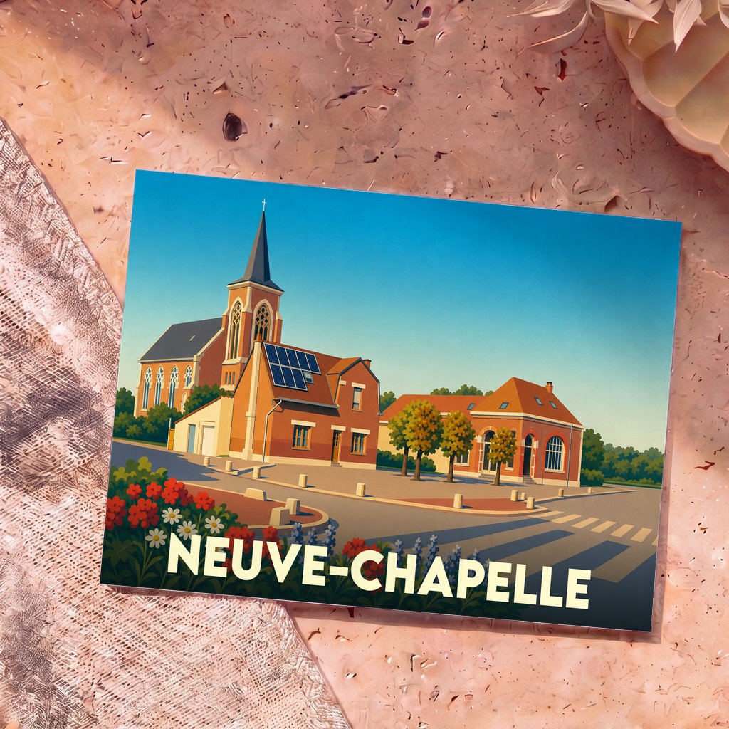 Carte postale souvenir de la ville de Neuve-Chapelle avec une illustration stylisée.