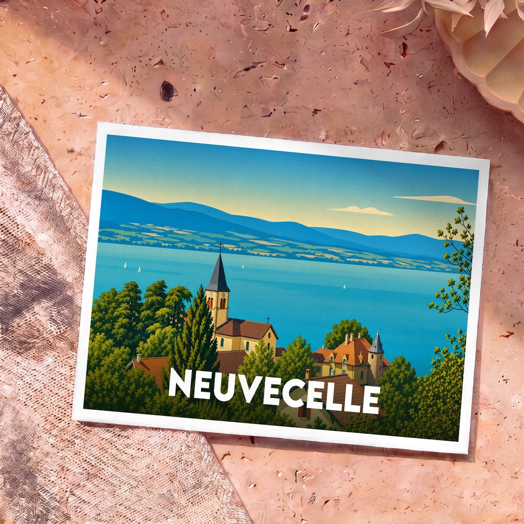 Carte postale souvenir de la ville de Neuvecelle avec une illustration stylisée d'un village côtier bordant un lac.