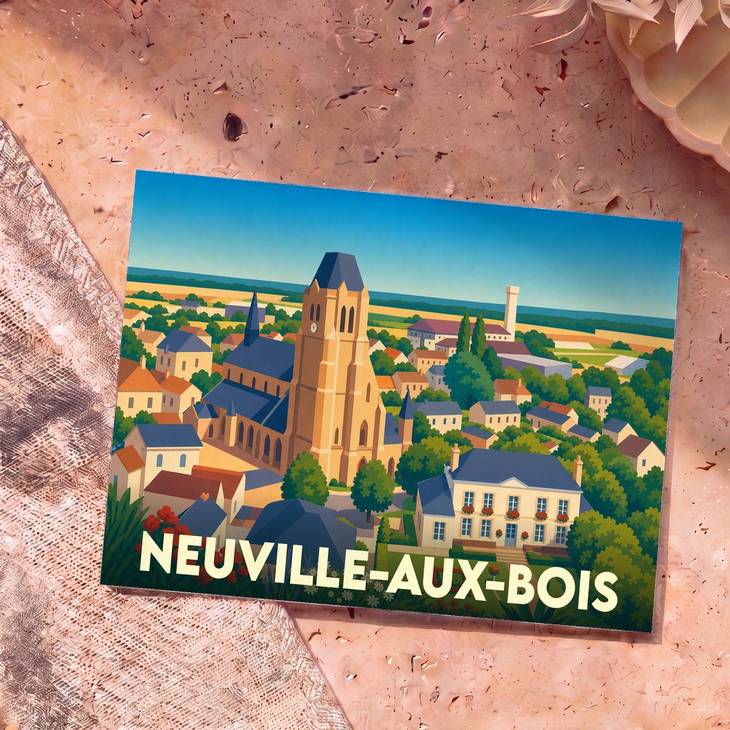 Carte postale souvenir de la ville de Neuville-aux-Bois avec une illustration colorée de son église et de ses maisons.