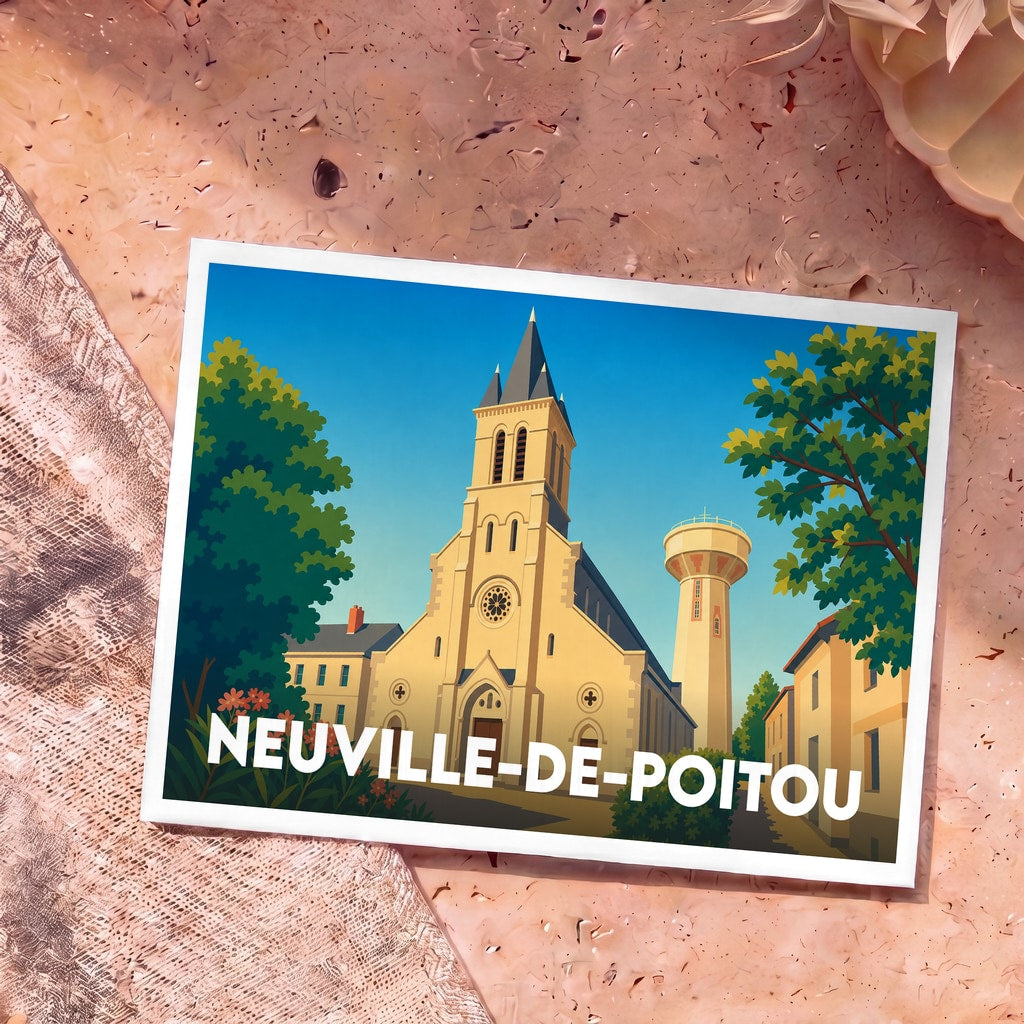 Carte postale souvenir de la ville de Neuville-de-Poitou avec une illustration stylisée de son église et de son château d'eau.